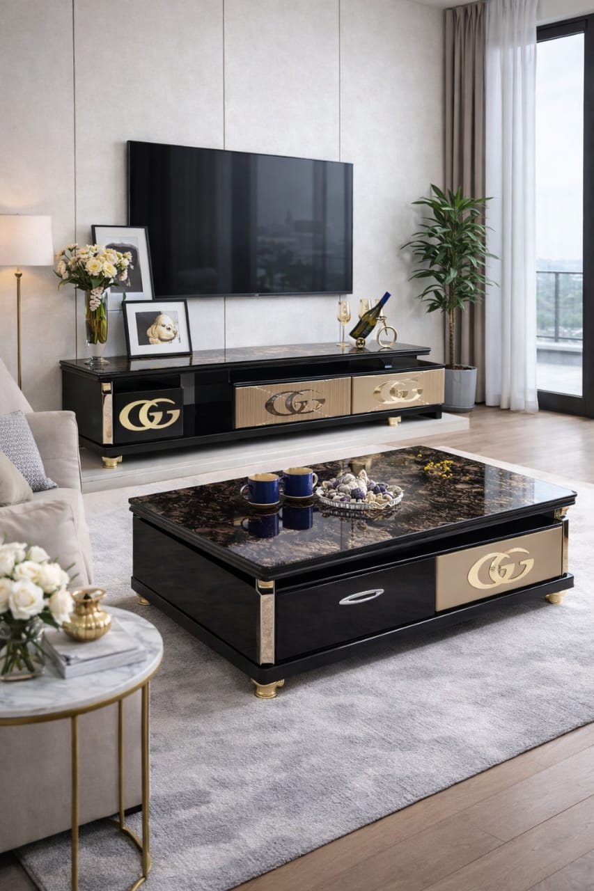 ENSEMBLE MEUBLE TV ET TABLE BASSE MARBRÉE NOIRE AVEC LOGO GG DORÉ - TV429+429
