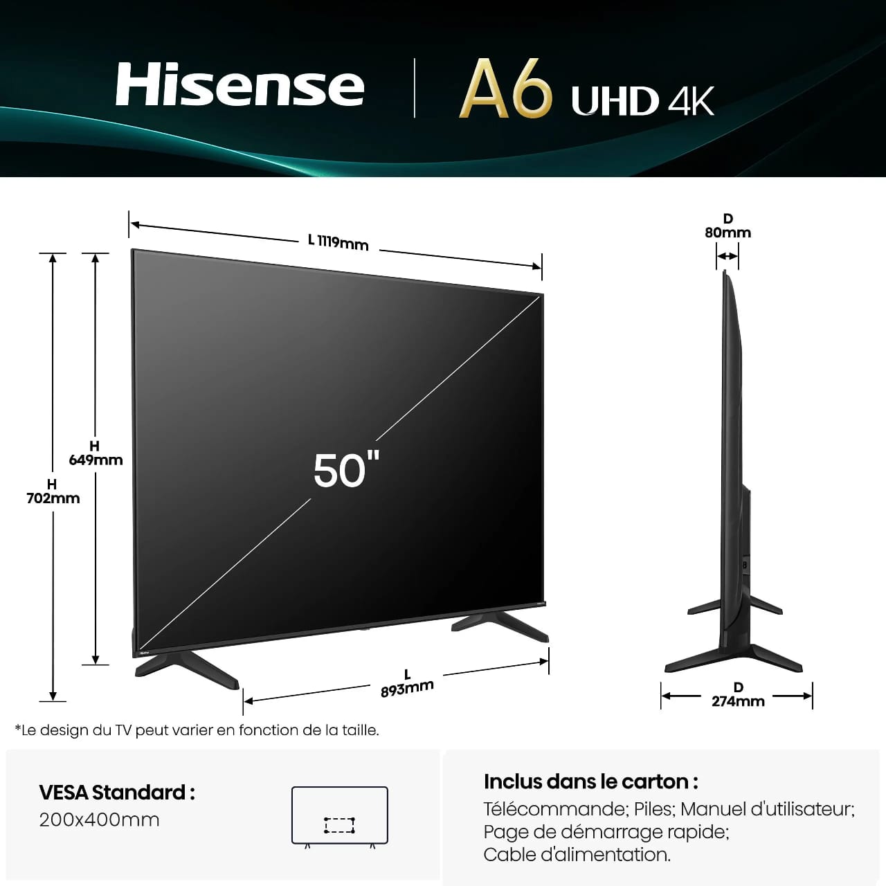 TELEVISEUR HISENSE 50" LED SMART VIDA UHD 50A40 3