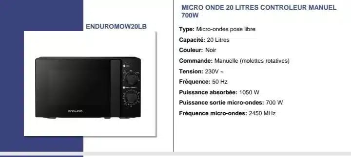MICRO ONDE ENDURO 20LITRES MANUEL NOIR MOW2OLB 2